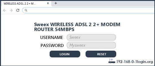 Sweex WIRELESS ADSL 2 2+ MODEM ROUTER 54MBPS router default login