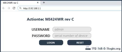 Actiontec MI424WR rev C router default login