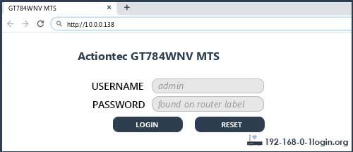 Actiontec GT784WNV MTS router default login