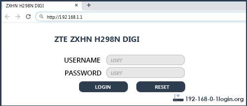 ZTE ZXHN H298N DIGI router default login